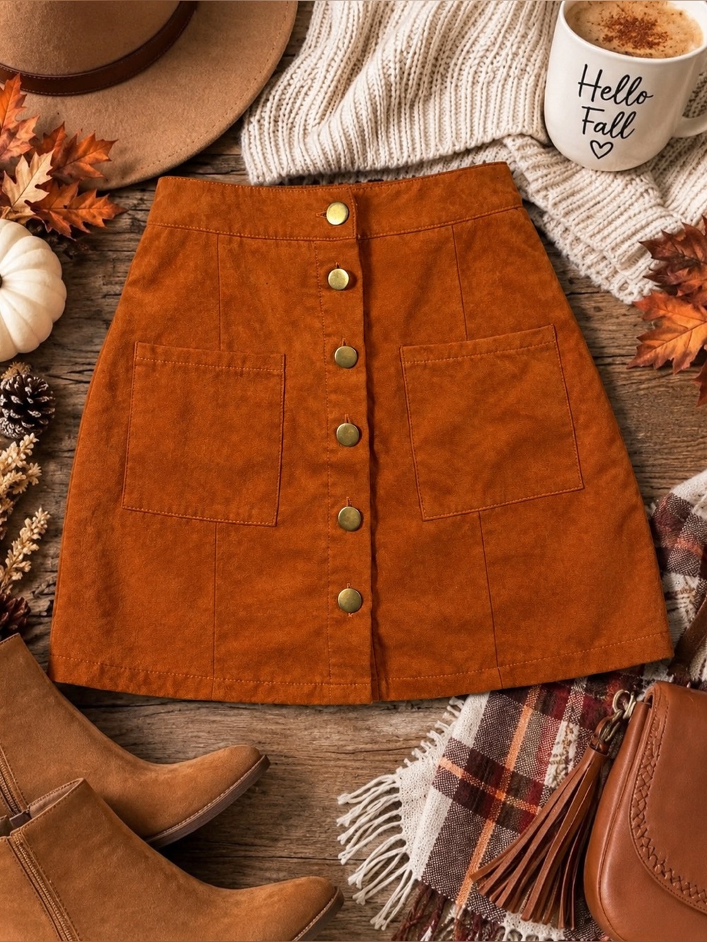 Copper burnt orange faux suede button front skirt size 4 NWT